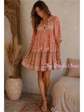 SPELL NWT Boho Short Sleeve Tassel Tie Seashell Mini Dress XS